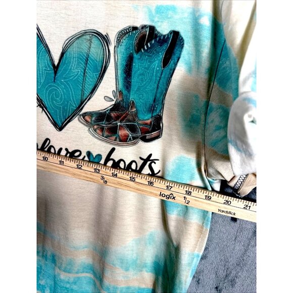 Women’s T-shirt Peace Love And Boots Cowgirl Bleached Blue Shirt Size Large - Picture 6 of 10